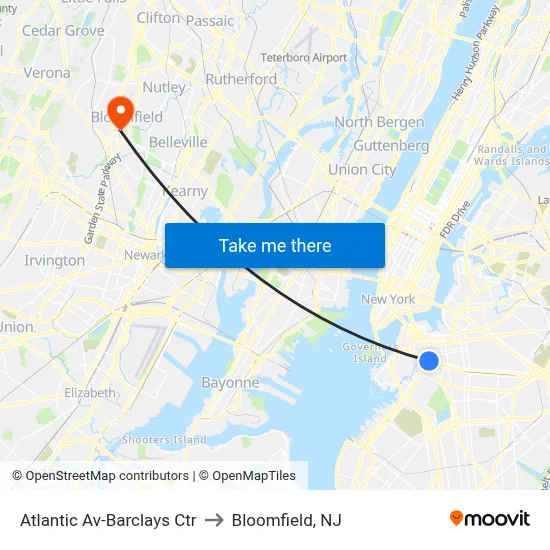 Atlantic Av-Barclays Ctr to Bloomfield, NJ map