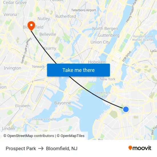 Prospect Park to Bloomfield, NJ map