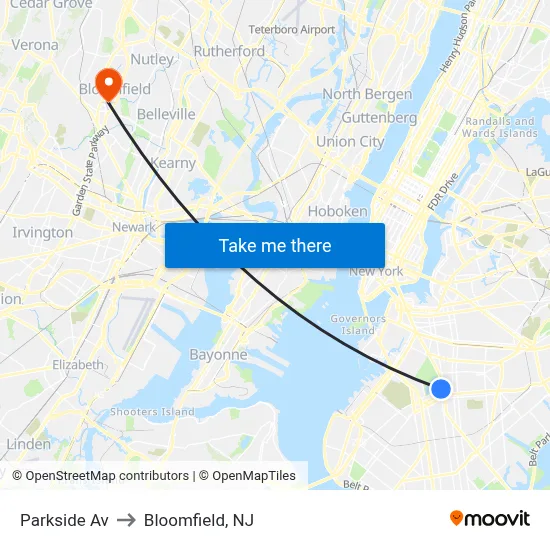 Parkside Av to Bloomfield, NJ map
