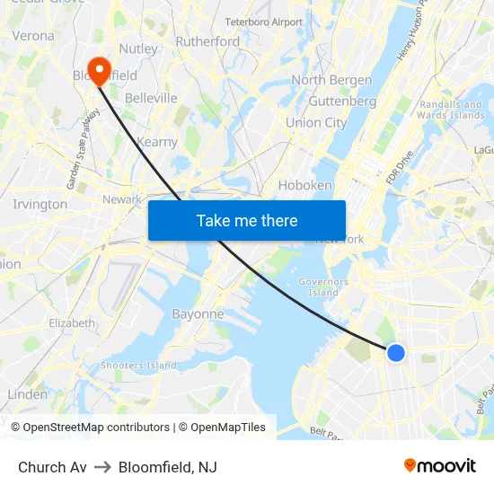 Church Av to Bloomfield, NJ map
