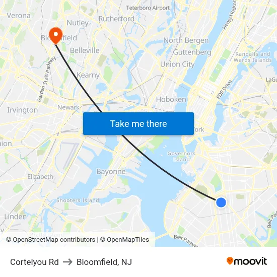 Cortelyou Rd to Bloomfield, NJ map