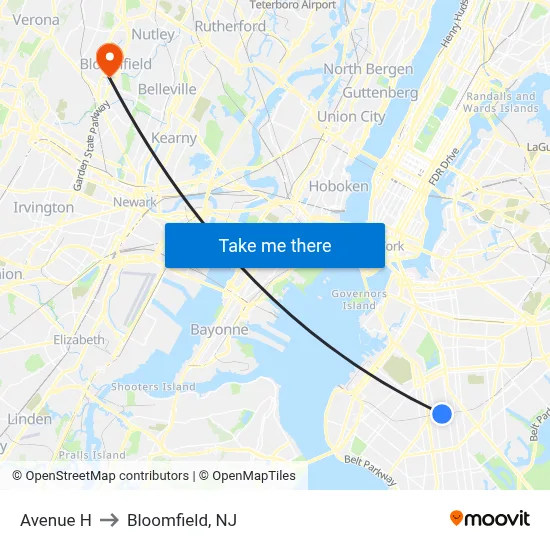 Avenue H to Bloomfield, NJ map