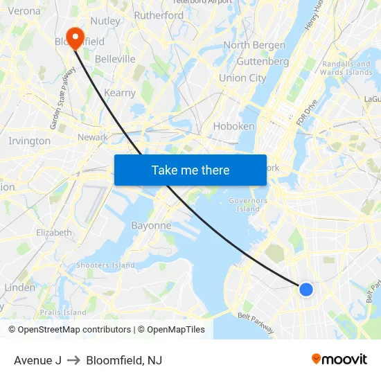 Avenue J to Bloomfield, NJ map