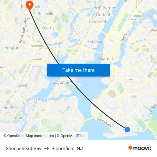 Sheepshead Bay to Bloomfield, NJ map