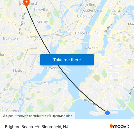 Brighton Beach to Bloomfield, NJ map