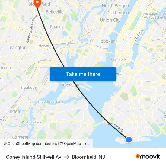 Coney Island-Stillwell Av to Bloomfield, NJ map