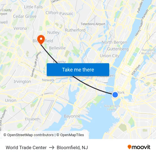 World Trade Center to Bloomfield, NJ map