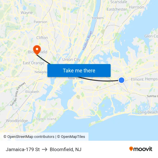 Jamaica-179 St to Bloomfield, NJ map