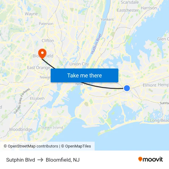 Sutphin Blvd to Bloomfield, NJ map