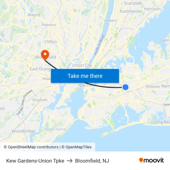 Kew Gardens-Union Tpke to Bloomfield, NJ map