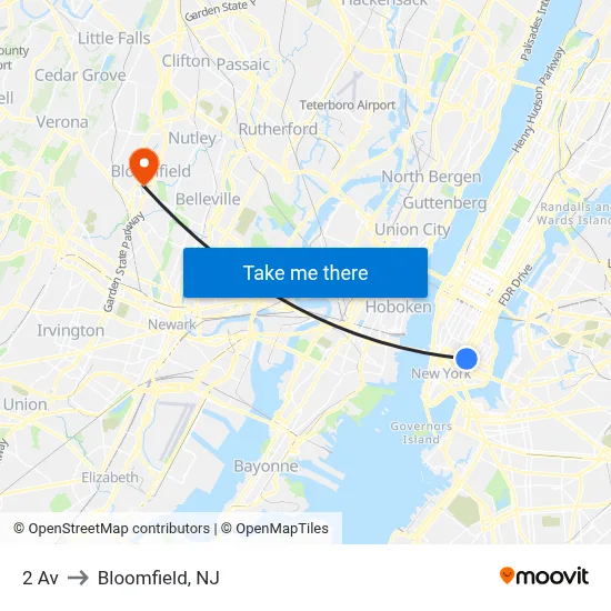 2 Av to Bloomfield, NJ map