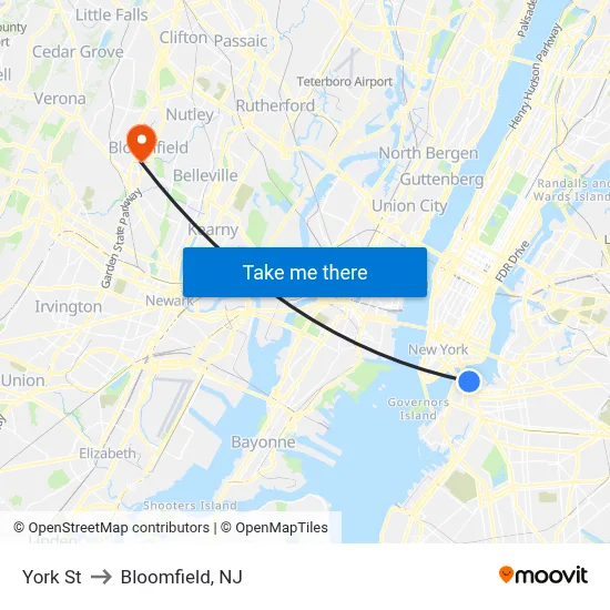 York St to Bloomfield, NJ map