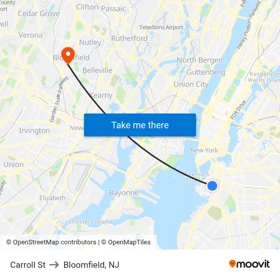 Carroll St to Bloomfield, NJ map