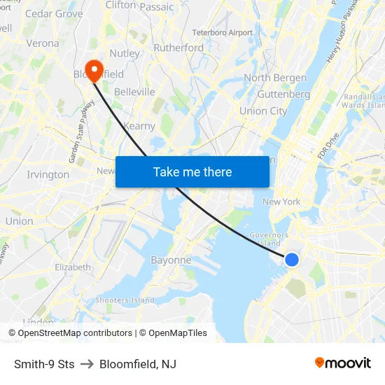 Smith-9 Sts to Bloomfield, NJ map