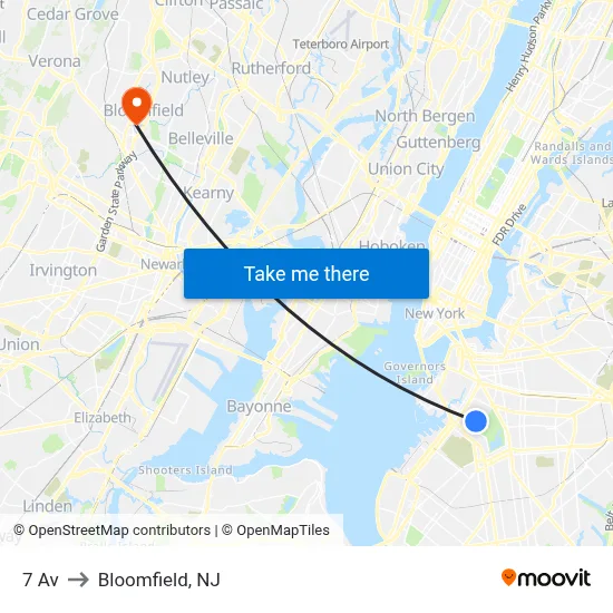 7 Av to Bloomfield, NJ map