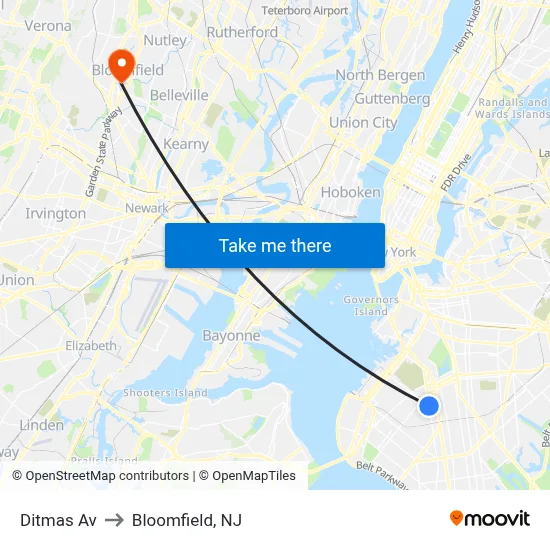 Ditmas Av to Bloomfield, NJ map