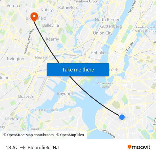 18 Av to Bloomfield, NJ map