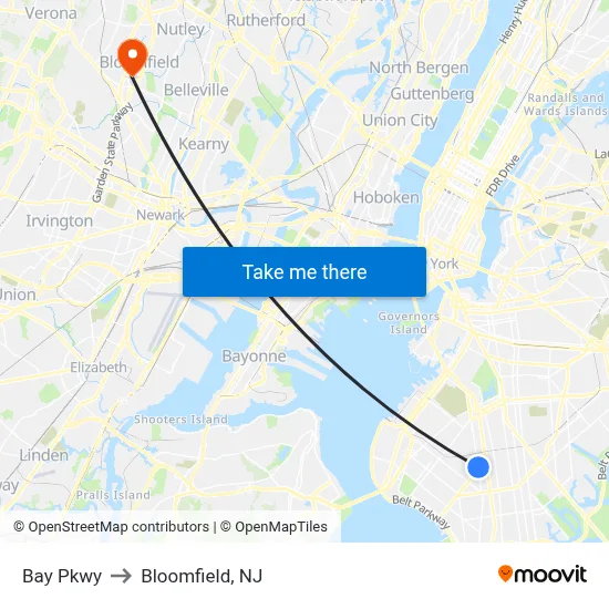 Bay Pkwy to Bloomfield, NJ map