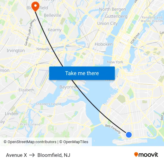 Avenue X to Bloomfield, NJ map