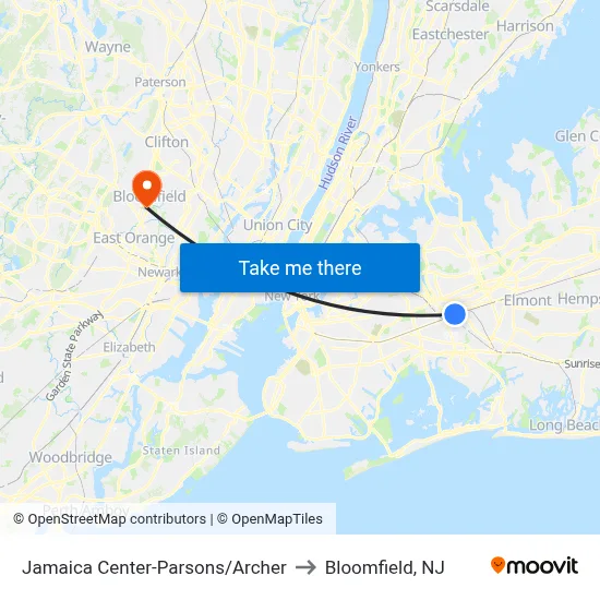 Jamaica Center-Parsons/Archer to Bloomfield, NJ map