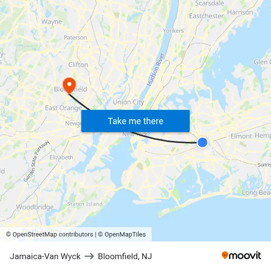 Jamaica-Van Wyck to Bloomfield, NJ map