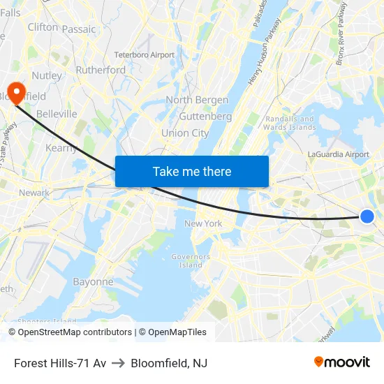 Forest Hills-71 Av to Bloomfield, NJ map