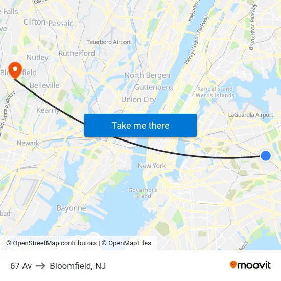 67 Av to Bloomfield, NJ map