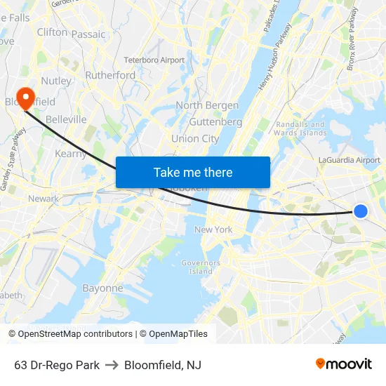 63 Dr-Rego Park to Bloomfield, NJ map
