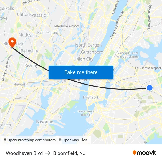 Woodhaven Blvd to Bloomfield, NJ map