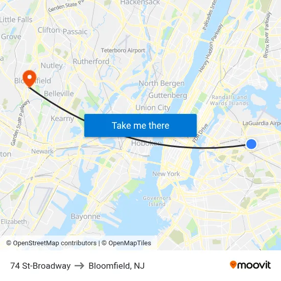 74 St-Broadway to Bloomfield, NJ map