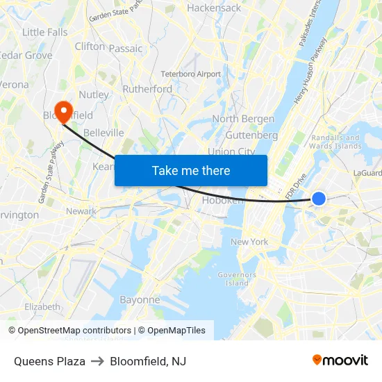 Queens Plaza to Bloomfield, NJ map