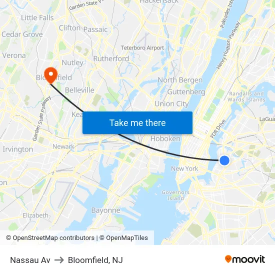Nassau Av to Bloomfield, NJ map