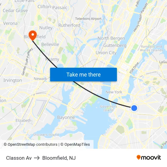 Classon Av to Bloomfield, NJ map