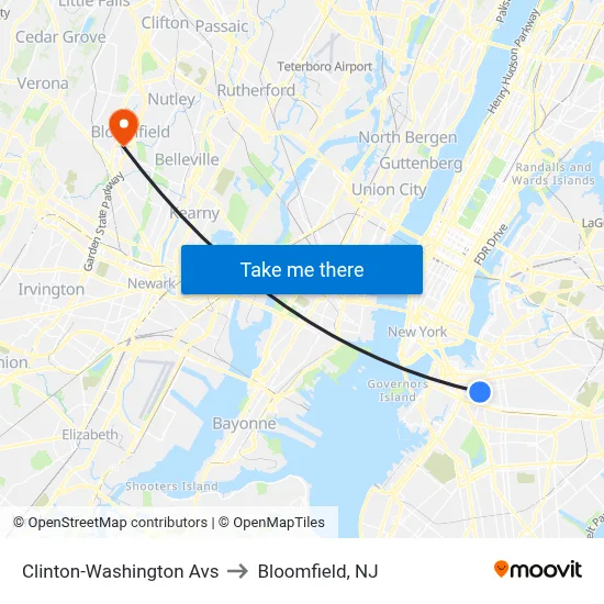 Clinton-Washington Avs to Bloomfield, NJ map