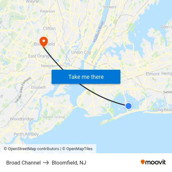Broad Channel to Bloomfield, NJ map