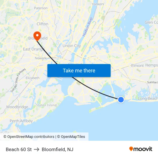 Beach 60 St to Bloomfield, NJ map