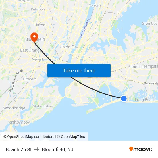 Beach 25 St to Bloomfield, NJ map