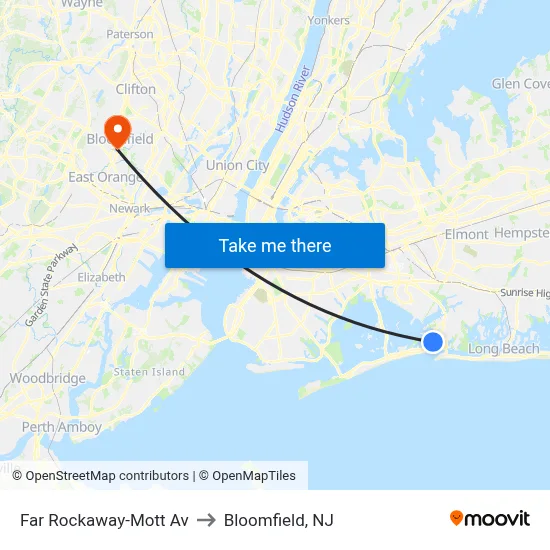 Far Rockaway-Mott Av to Bloomfield, NJ map