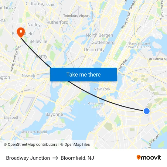 Broadway Junction to Bloomfield, NJ map