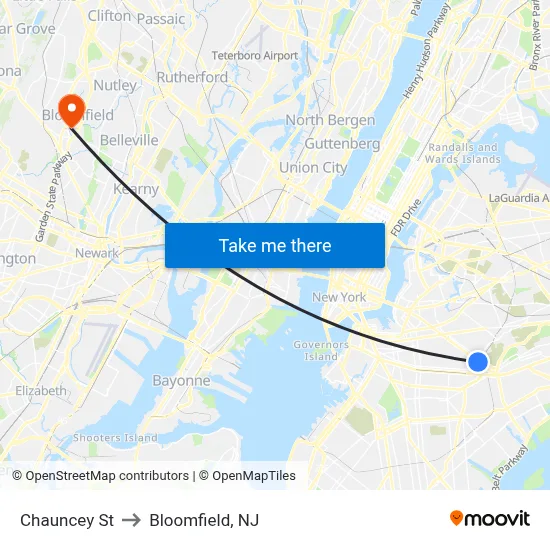Chauncey St to Bloomfield, NJ map