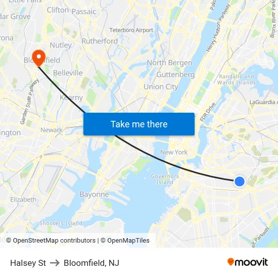 Halsey St to Bloomfield, NJ map