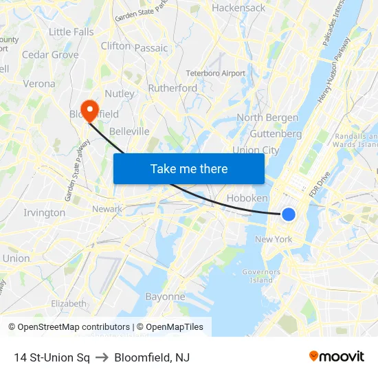 14 St-Union Sq to Bloomfield, NJ map