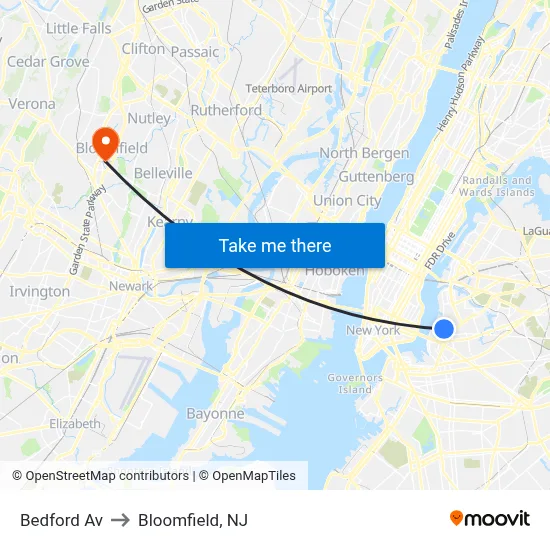 Bedford Av to Bloomfield, NJ map