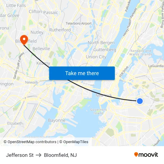 Jefferson St to Bloomfield, NJ map