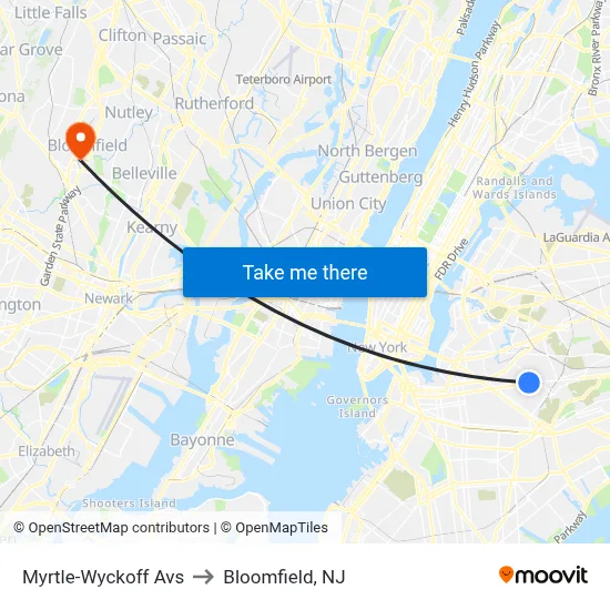 Myrtle-Wyckoff Avs to Bloomfield, NJ map