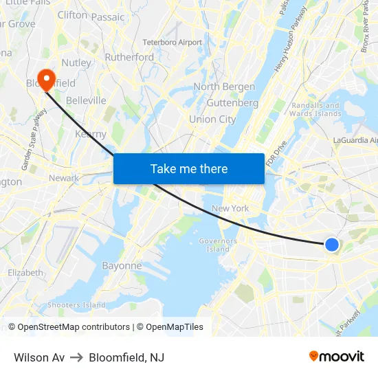Wilson Av to Bloomfield, NJ map