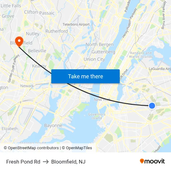 Fresh Pond Rd to Bloomfield, NJ map