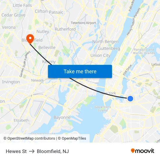 Hewes St to Bloomfield, NJ map