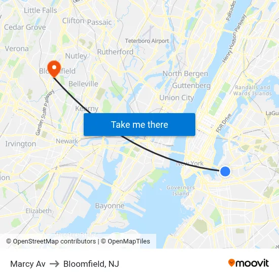 Marcy Av to Bloomfield, NJ map