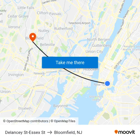 Delancey St-Essex St to Bloomfield, NJ map